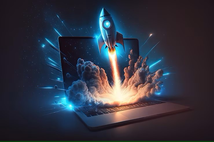 foguete saindo do computador criando site